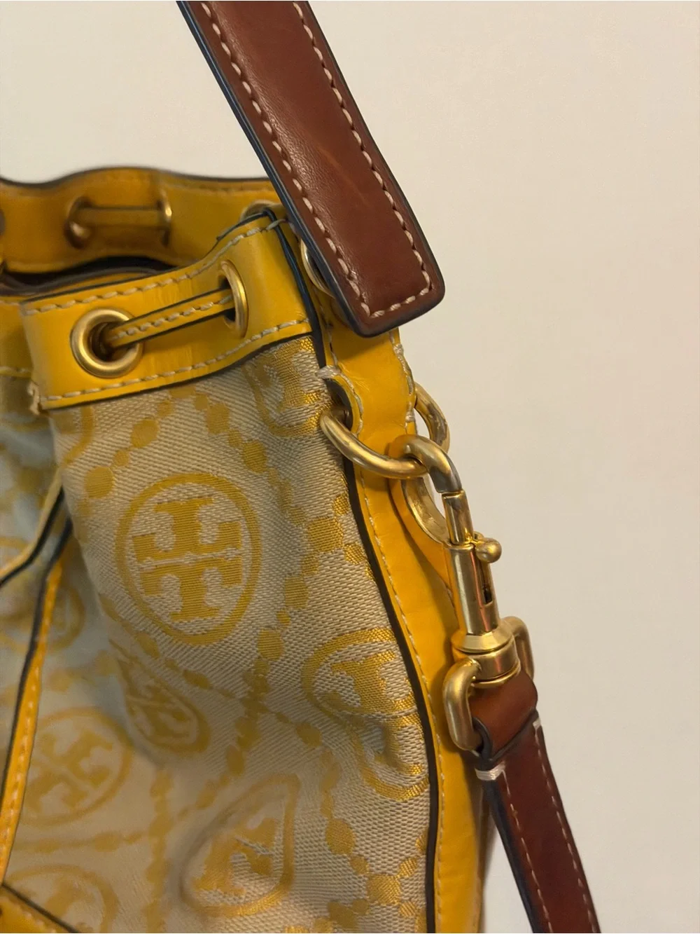 Tory Burch Yellow Logo Bucket Shoulder Bag with Brown Strap